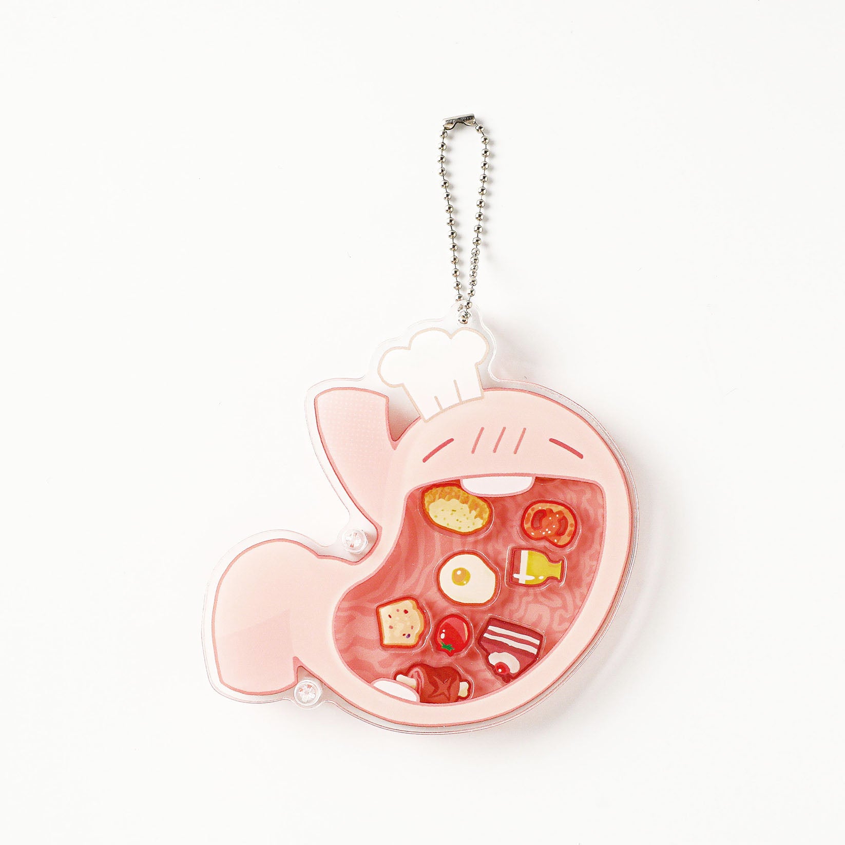 Creative stomach-shaped acrylic charm with detailed digestive artwork and transparent shaker design, a fun accessory for backpacks, keys, and laboratory collections.