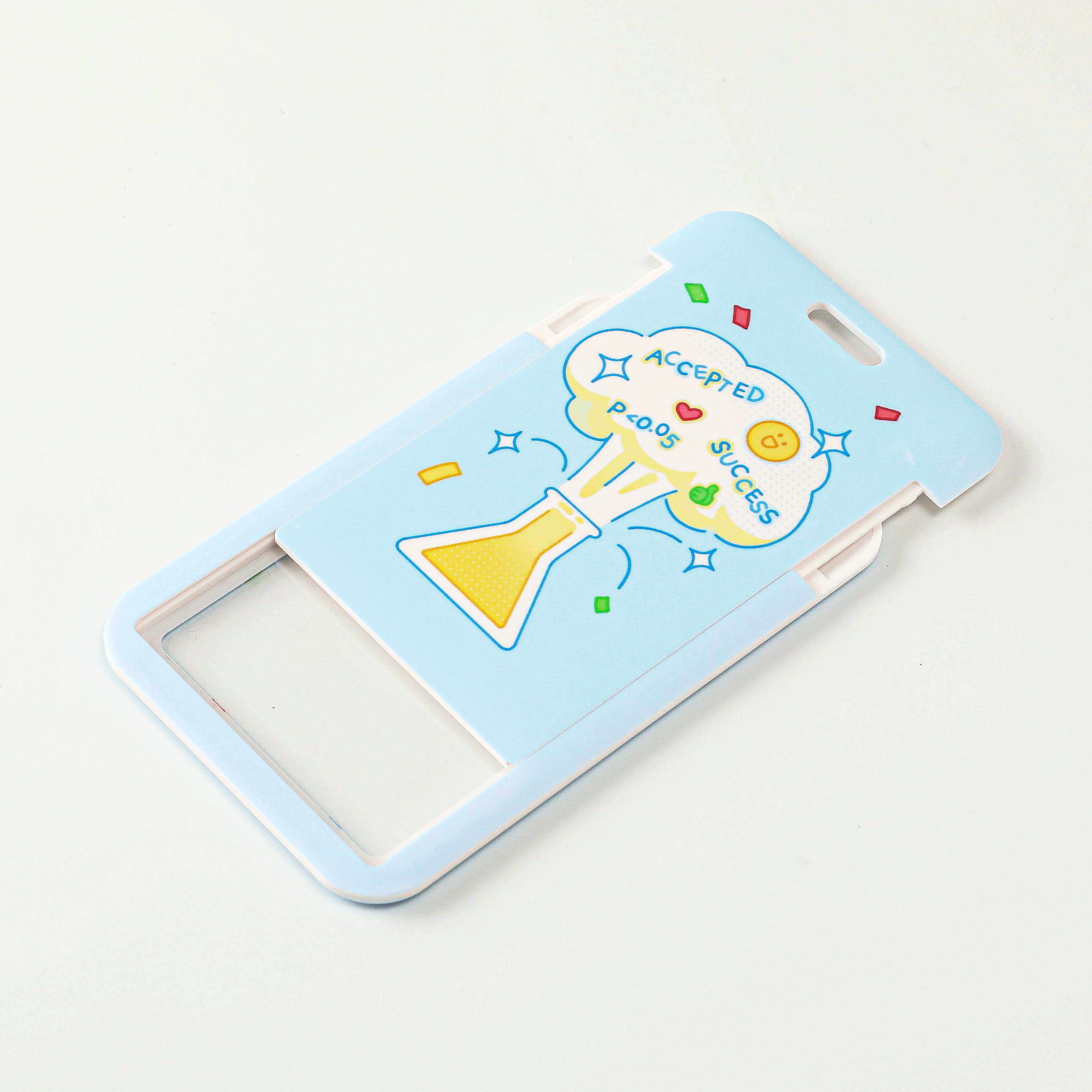 Pastel Blue Chemistry ID Card Holder with Laboratory Flask Illustration and Clear Horizontal Badge Window