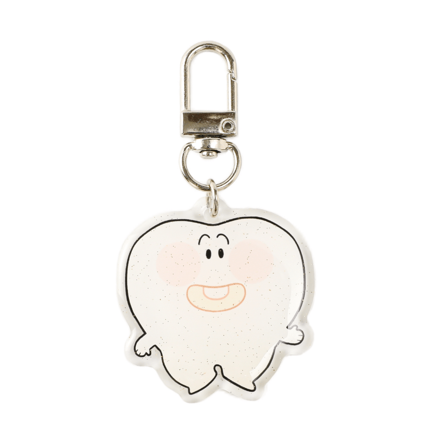 Smiling tooth acrylic keychain with a sparkling finish and polished metal clip, a charming dental-themed accessory for dentists, students, and everyday use.