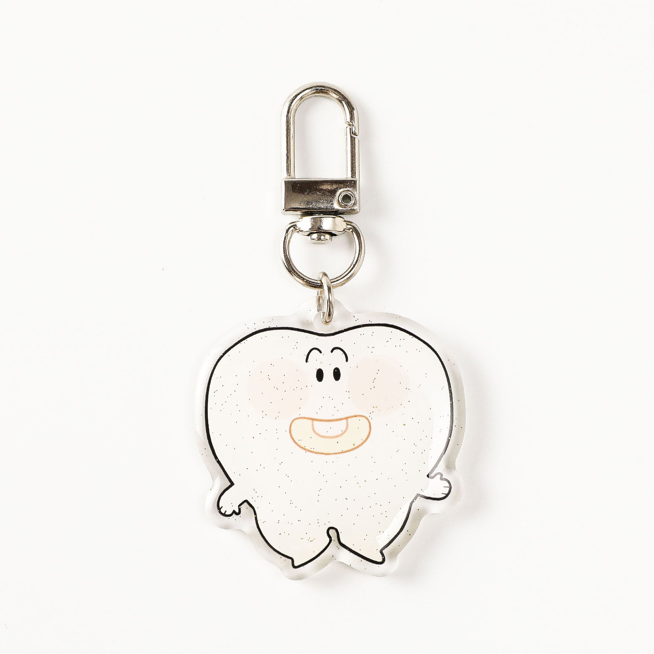 Cute white tooth charm crafted from durable acrylic with a secure swivel clasp, a fun oral health-inspired keyring for backpacks, keys, and thoughtful gifts.