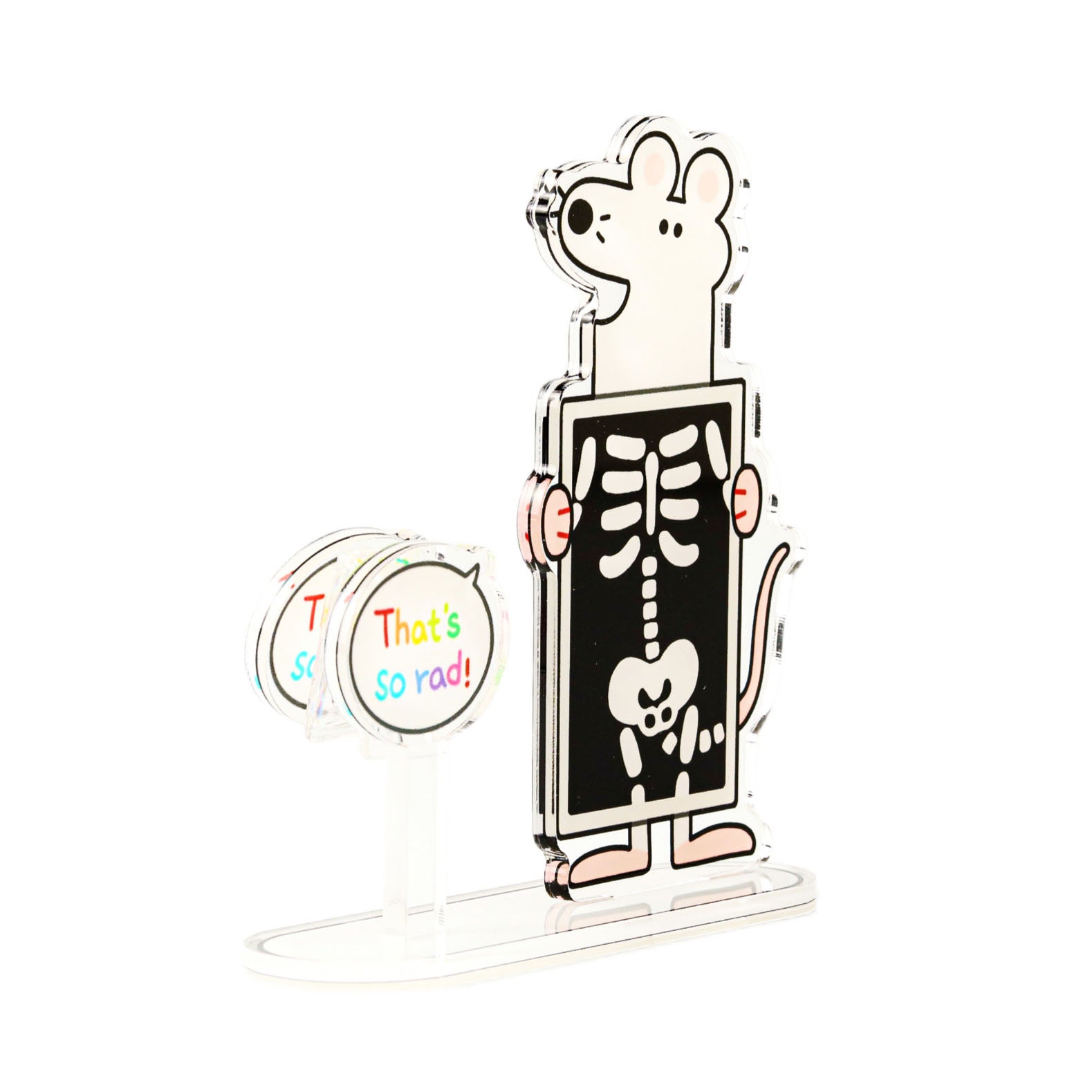 acrylic PP clip stand featuring a cartoon lab mouse with an X-ray skeleton design and removable speech bubble clips.
