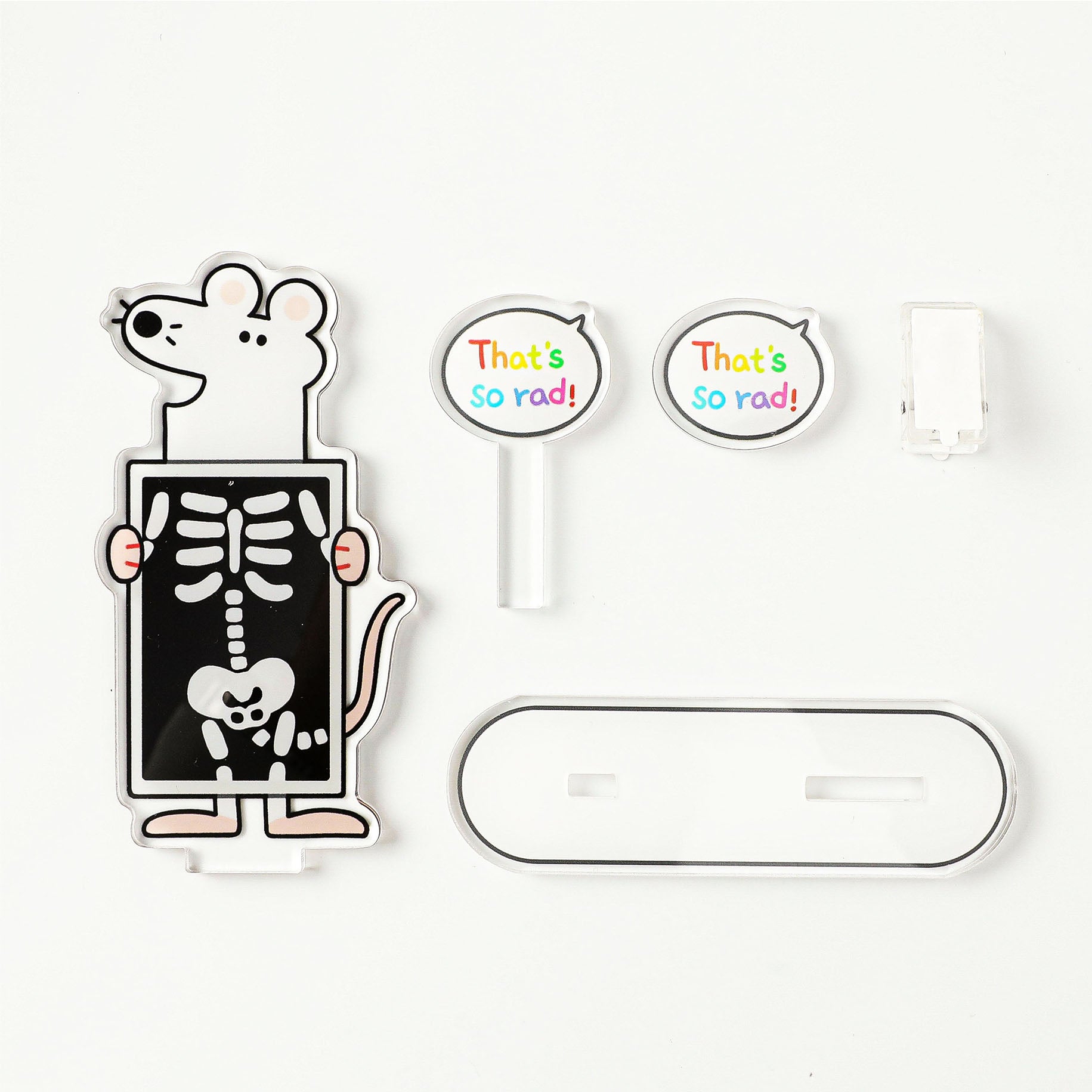 Cute mouse skeleton acrylic PP clip with detachable speech bubble accessories for holding notes, photos, and desk cards as a fun desktop display.