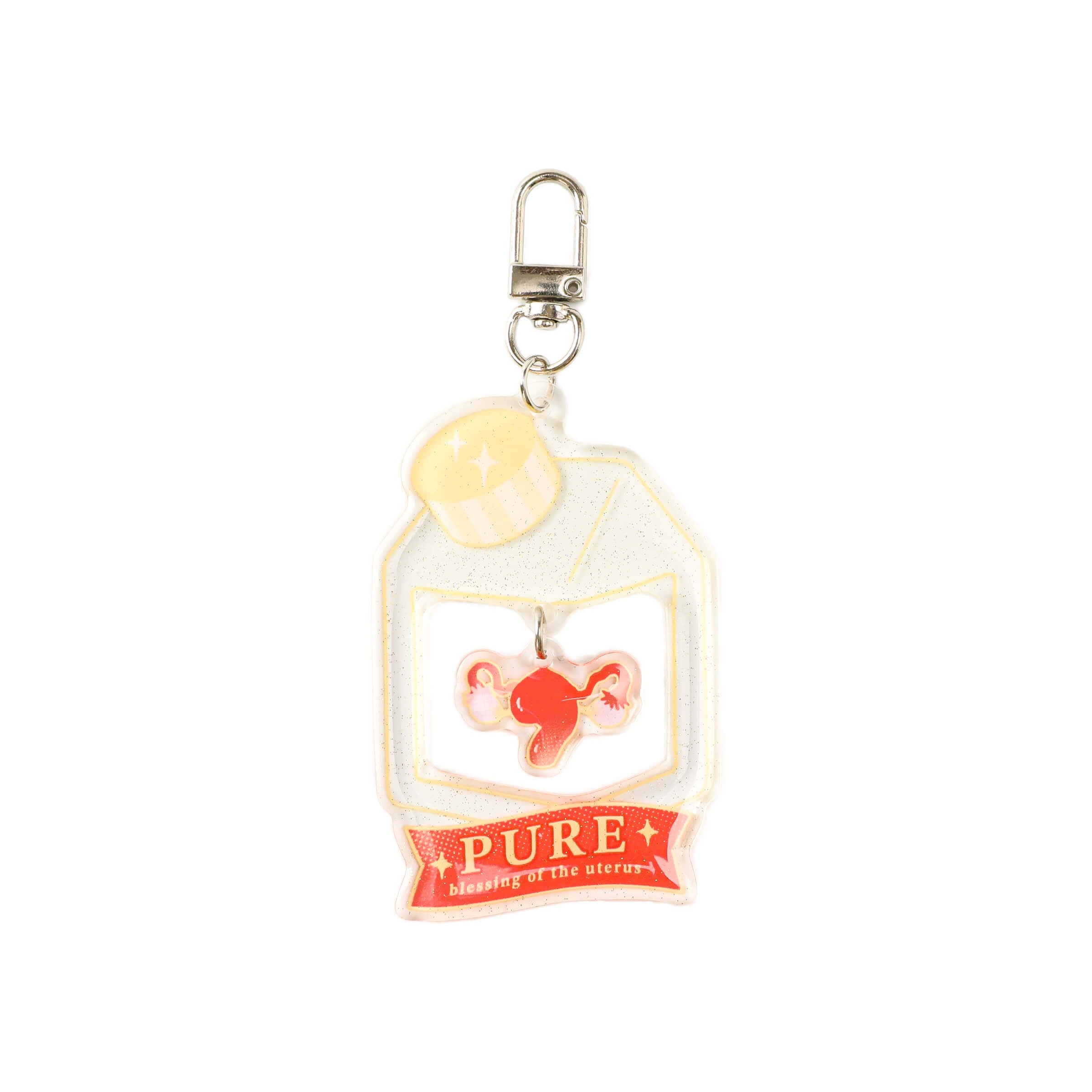 Uterus shaker acrylic keychain featuring a glitter acrylic frame, dangling anatomical uterus charm, and silver lobster clasp for medical-themed accessories.