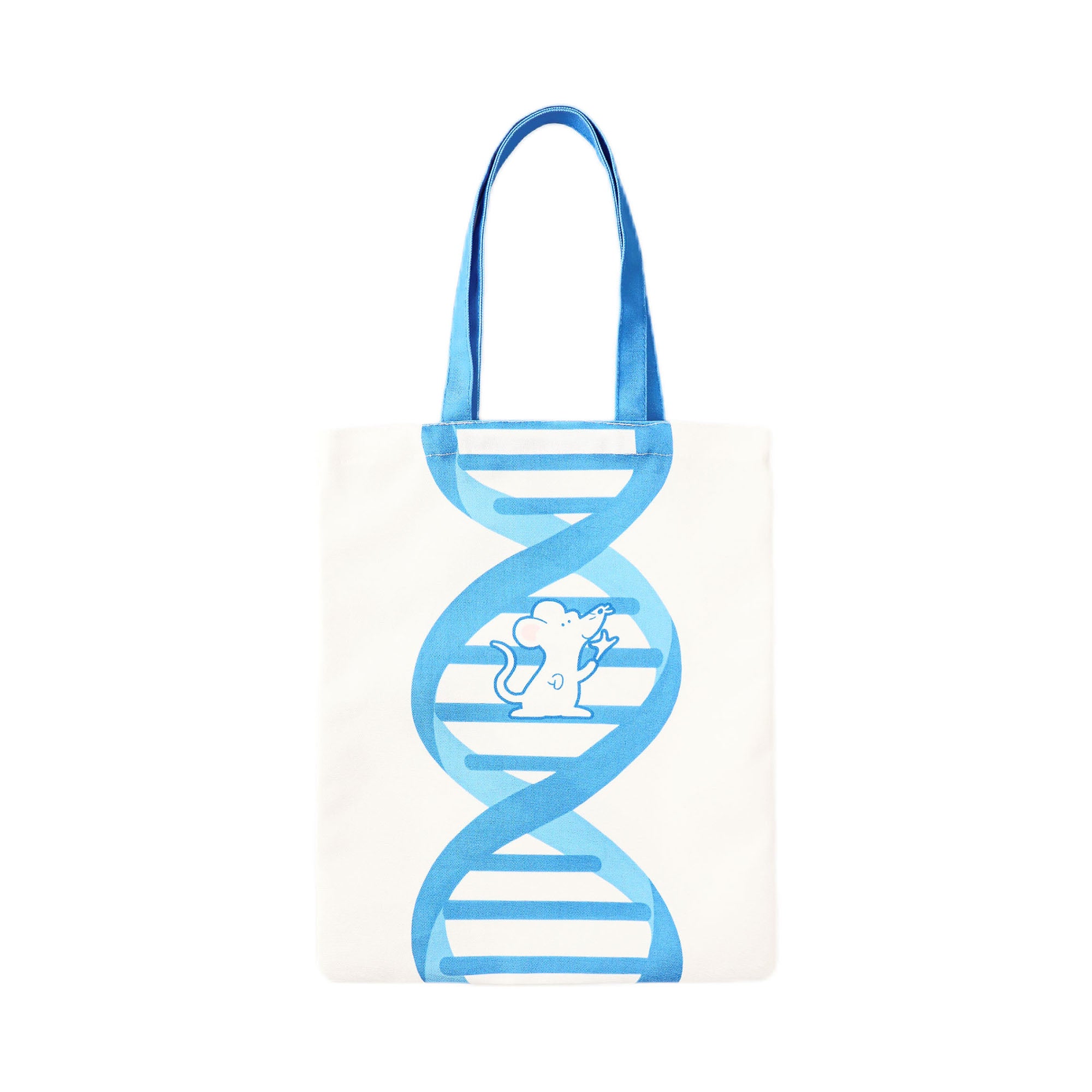 White cotton tote featuring a playful genetics-inspired illustration with a curious mouse inside a blue helix, designed for students, educators, and research enthusiasts.