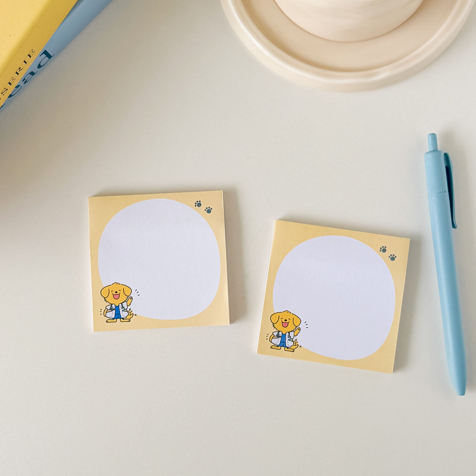Adorable puppy sticky notes featuring a medical coat illustration and a clean blank area for writing messages.